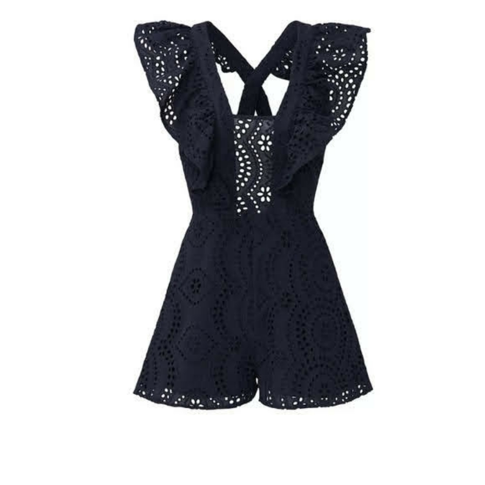 KEEPSAKE the label, Harmony Romper Navy Eyelet w/ ruffles
